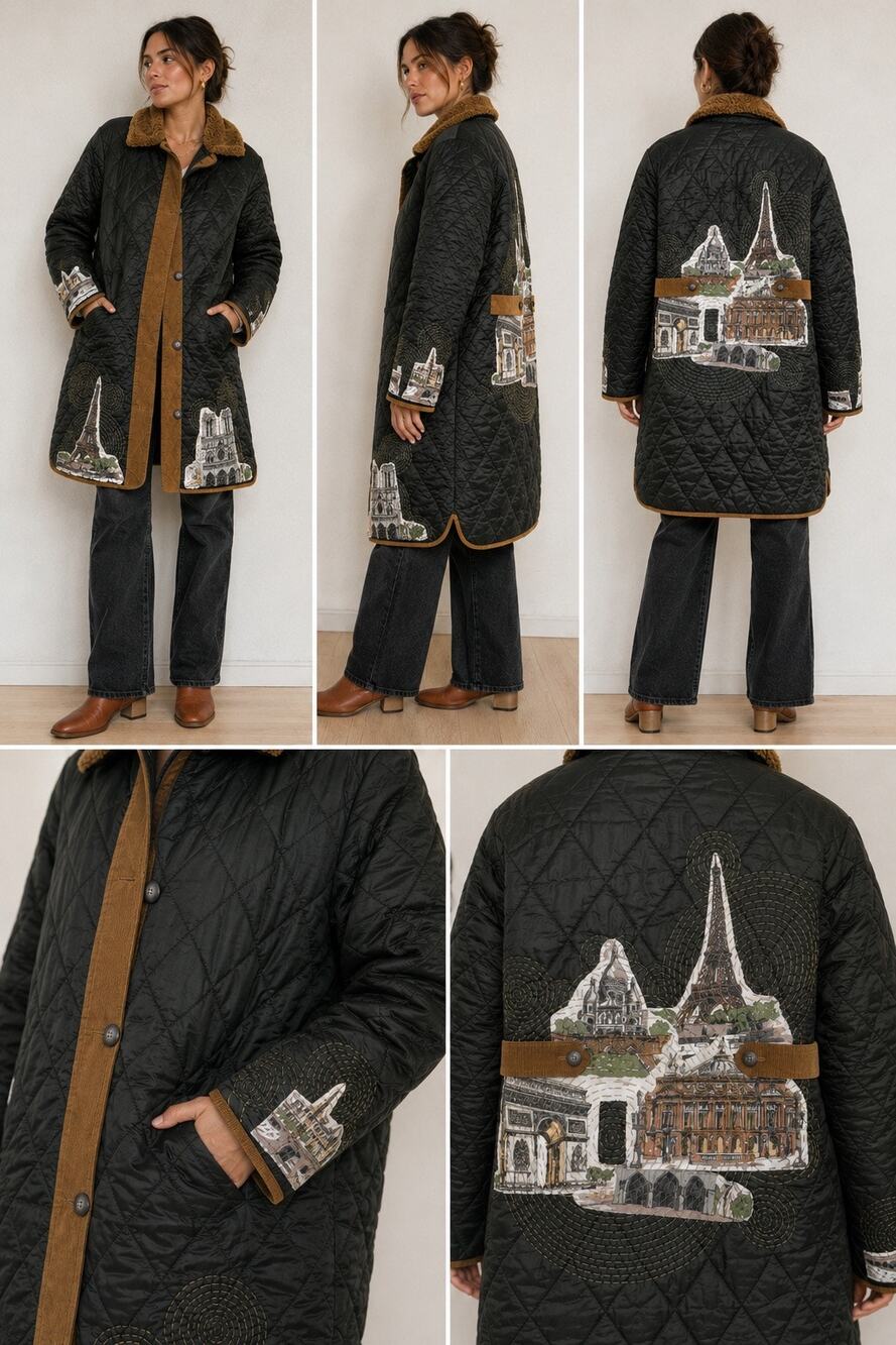 Barbour green quilted long coat Sashiko patchwork Paris Size 12